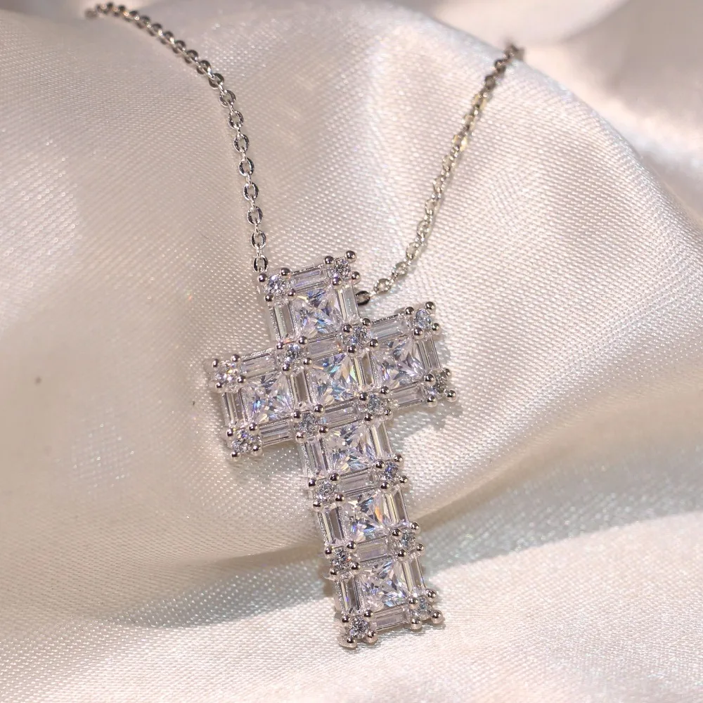 Victoria Brand New Luxury Jewelry Six Princess Cut 5A Cubic Zirconia 925 Silver Cross Pendant Party Men Women Clavicle Necklace