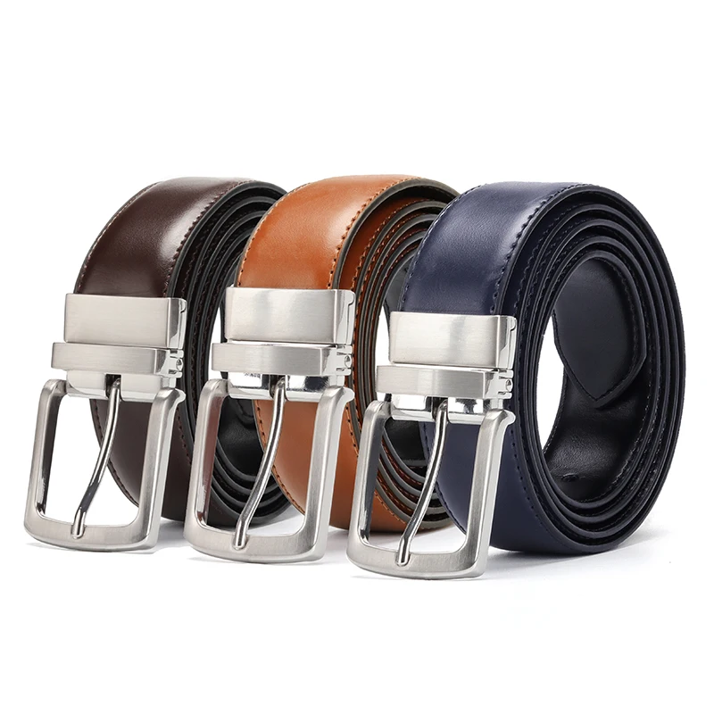 Men's Genuine Leather Belt Reversible For Jeans Male Rotated Buckle Dress Belts Designer Cowskin Leather Belts For Men Black image 5