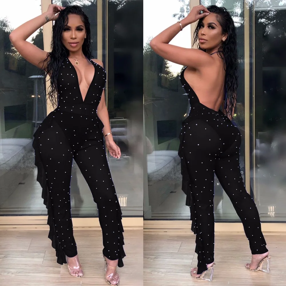 BKLD Pearl Beading Sheer Mesh Jumpsuit Women Sexy Halter Backless Ruffles Long Pants Rompers Womens Jumpsuit Night Clubwear