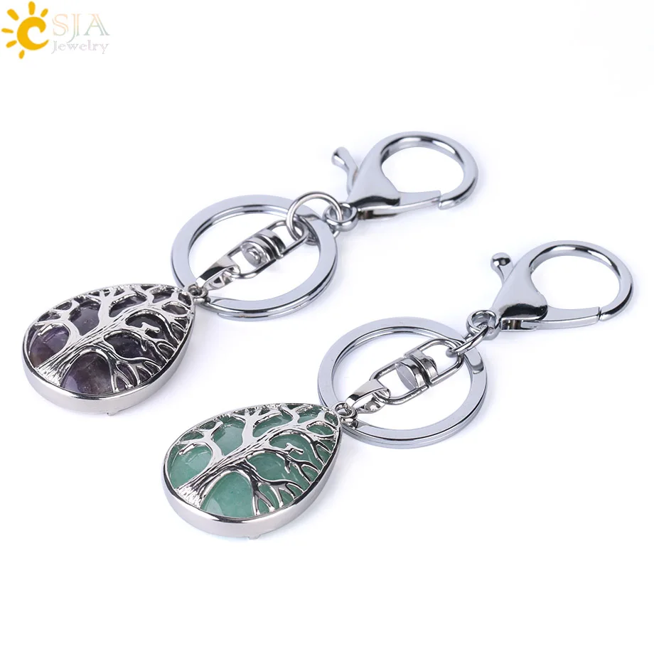 CSJA Fashion Water Drop Keychains Key Ring Key Holder Reiki Natural Gem Stone Tree of Life Pendant for Car Motorcycle Bag F400