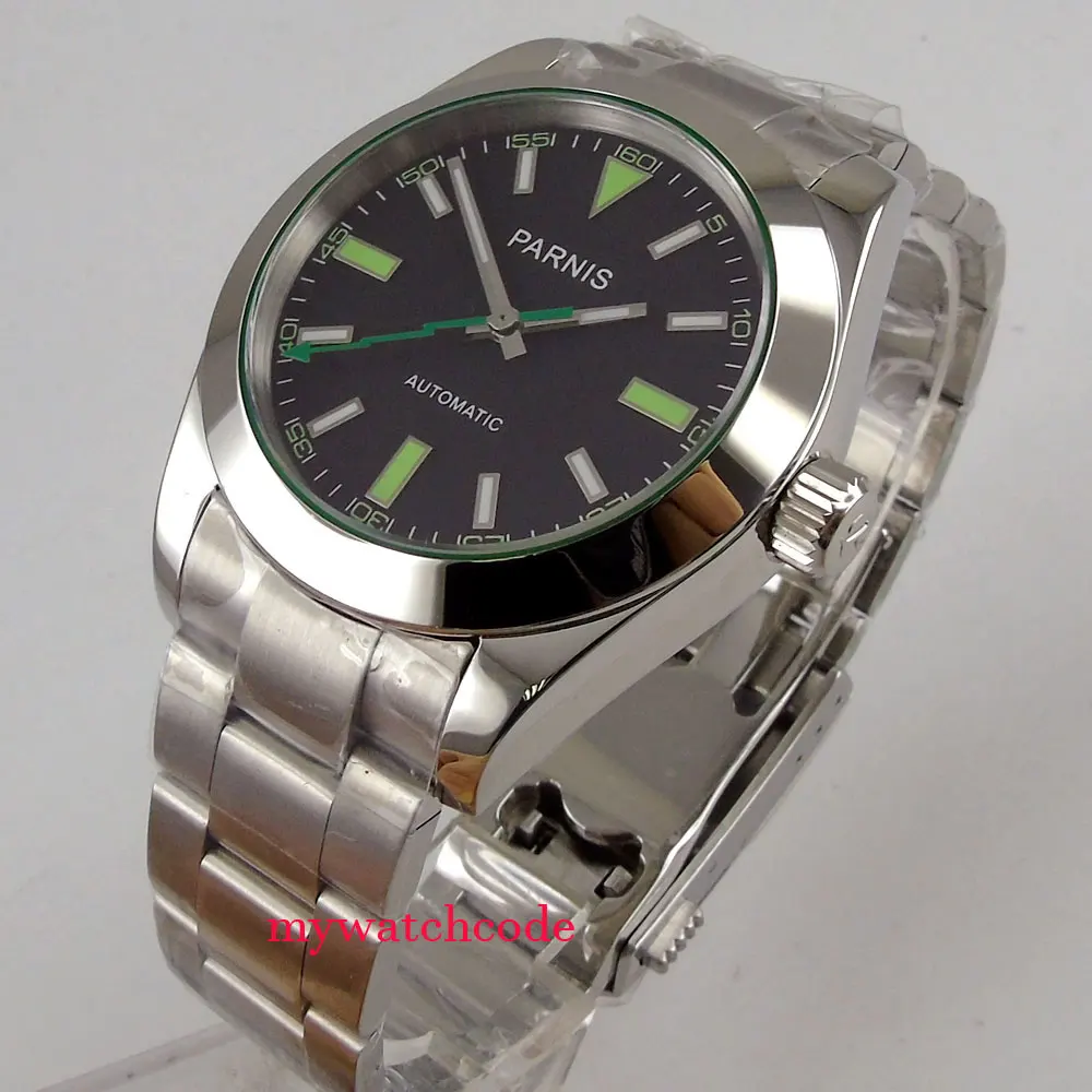 PARNIS Steel Polish Bezel Automatic Watch men Green Flash Hand MIYOTA 8215 Movt Folding Clasp Luxury Sapphire Glas 40mm