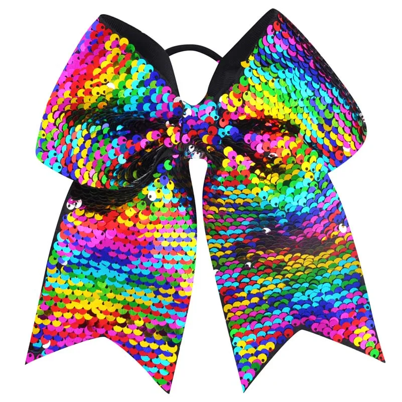 8 inch 10pcs/lot Rainbow Sequin Mermaid Ribbon Big Large Bow Elastic Hair Band Cheerleading Girls Hair Accessories