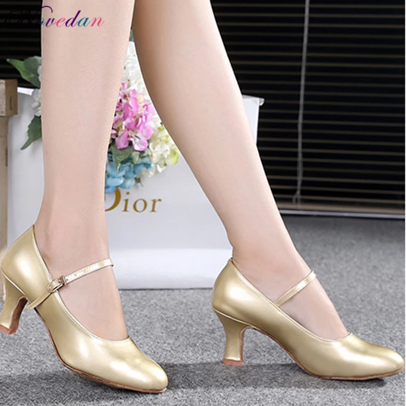 Sapatos de salto feminino, sapatos de couro patenteado brilhantes de dedo fechado para salão de salão, preto, dourado, vermelho, baile de tango, para mulheres de 5cm/7cm