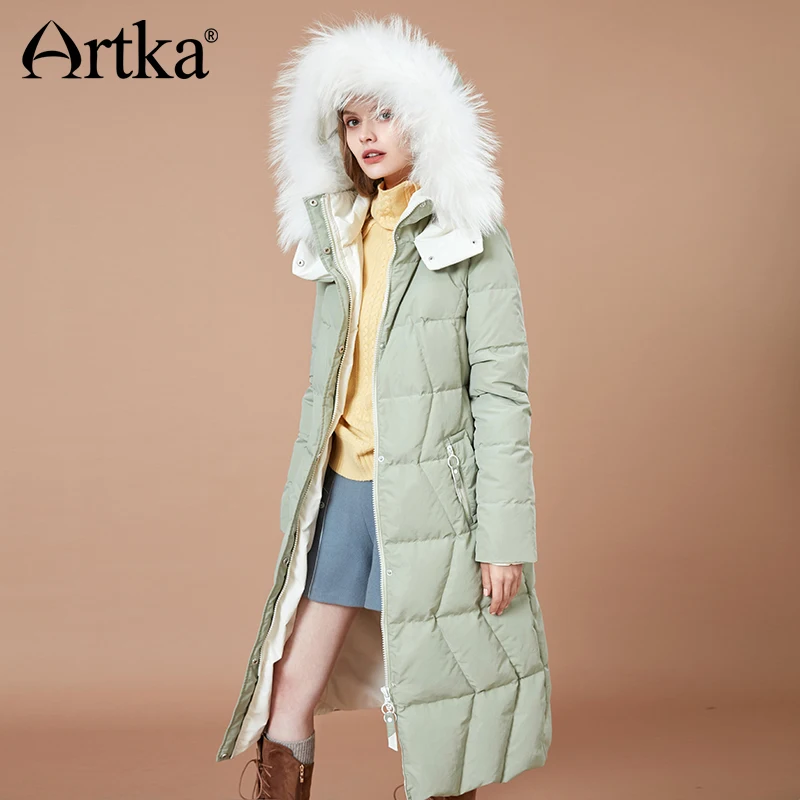 ARTKA 2018 New Women Long Thick Fur Collar Hooded 90% White Duck Down Winter Coat Warm Solid Outerwear YK10784D