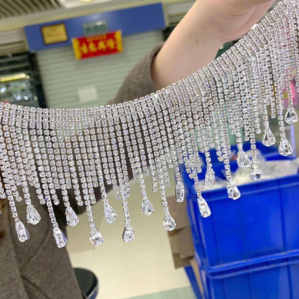 TOP quality tassel Crystal AB Rhinestone Cup Chain Very shine Sew On Rhinestone Trim For Wedding Dress Rhinestone Belt