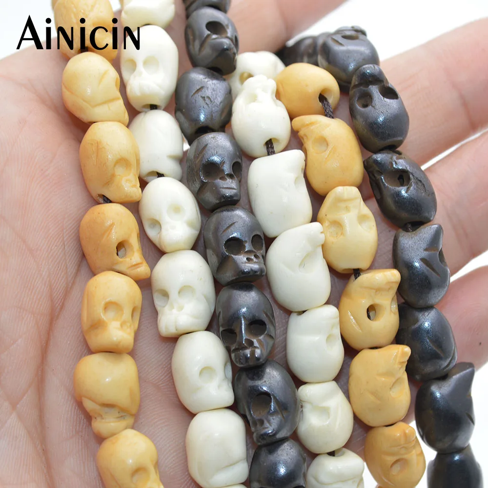 

10x11mm Real Ox Bone Fine Carved Skull Head Beads Black White Yellow Color DIY Jewelry Making Findings 140Beads (4 Strands)/lot