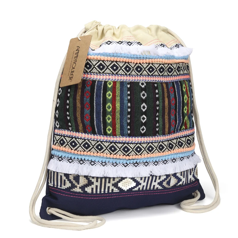 Annmouler New Design Women Backpack Bohemian Style Hobo Bag Large Capacity Tribal Drawstring Bag Aztec Tassel Rucksack 2 Colors