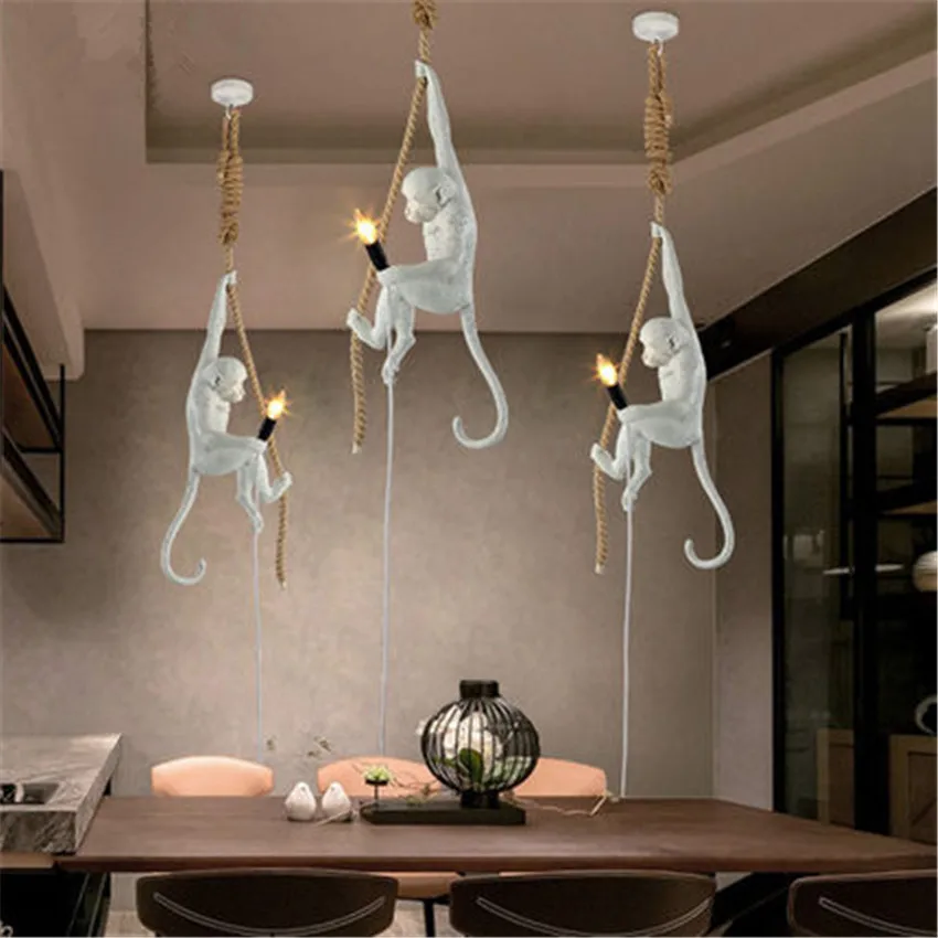 Modern Handmade Resin Monkey Edison Pendant Lamp Loft Style Hemp Rope Pendant Light for Home Lighting Bar Cafe Hanging Lamp Deco