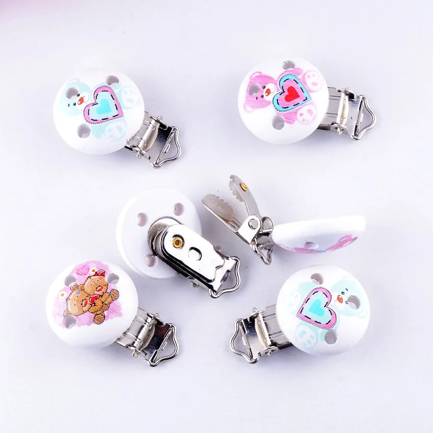 10PCs Baby Pacifier Clips Mixed Pattern Animal White Wood Metal Holders Cute Infant Soother Clasps Funny Accessories 4.4x2.9cm