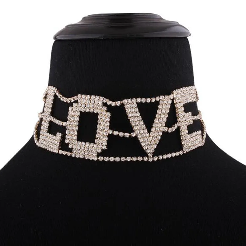 Romantic love Rhinestone Chain Choker Necklace For Women Chunky Crystal Chain Choker Collar Fashion Bridal Jewelry Colliers