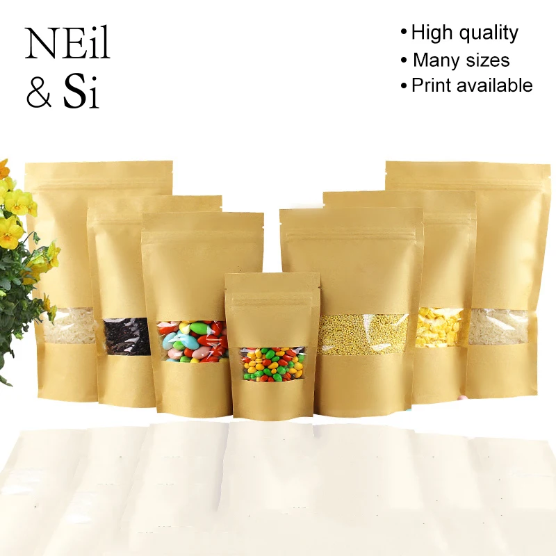 Zip Lock Kraft Paper Bag Empty Food Tea Cookies Packaging Self Sealing Zipper Stand Up Window Gift Bags 100pcs