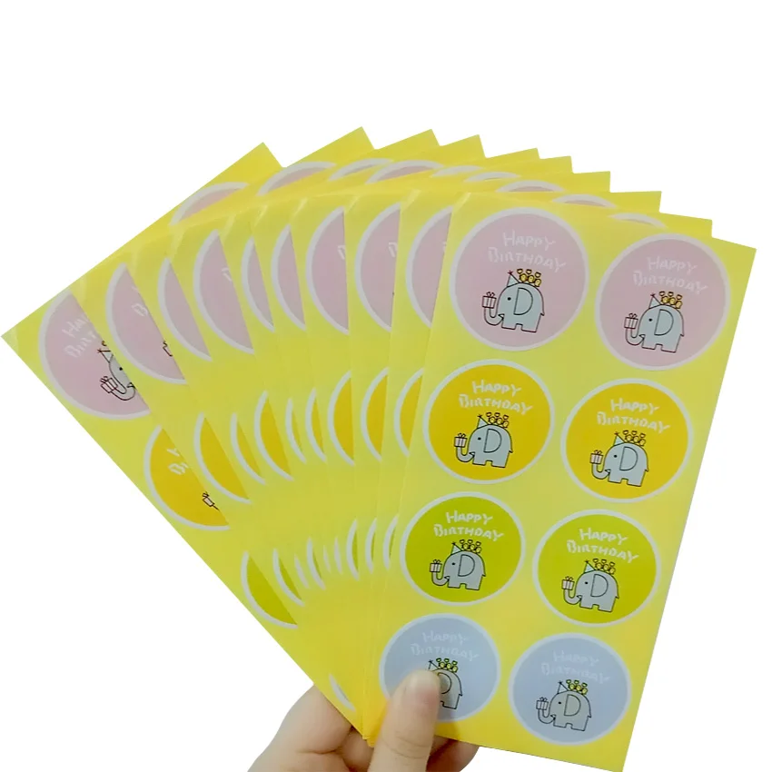 

800pcs/lot Round Elephant Happy Birthday Paper Labels Craft Envelopes DIY Party Box Seals Sealing Stickers