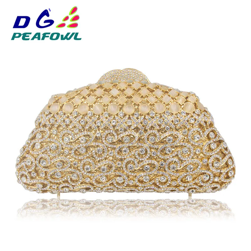 

Lady golden wallet wedding clutch Metallic Hollow Out diamond stone mother of pearl evening bag clear toiletry box bag handbags