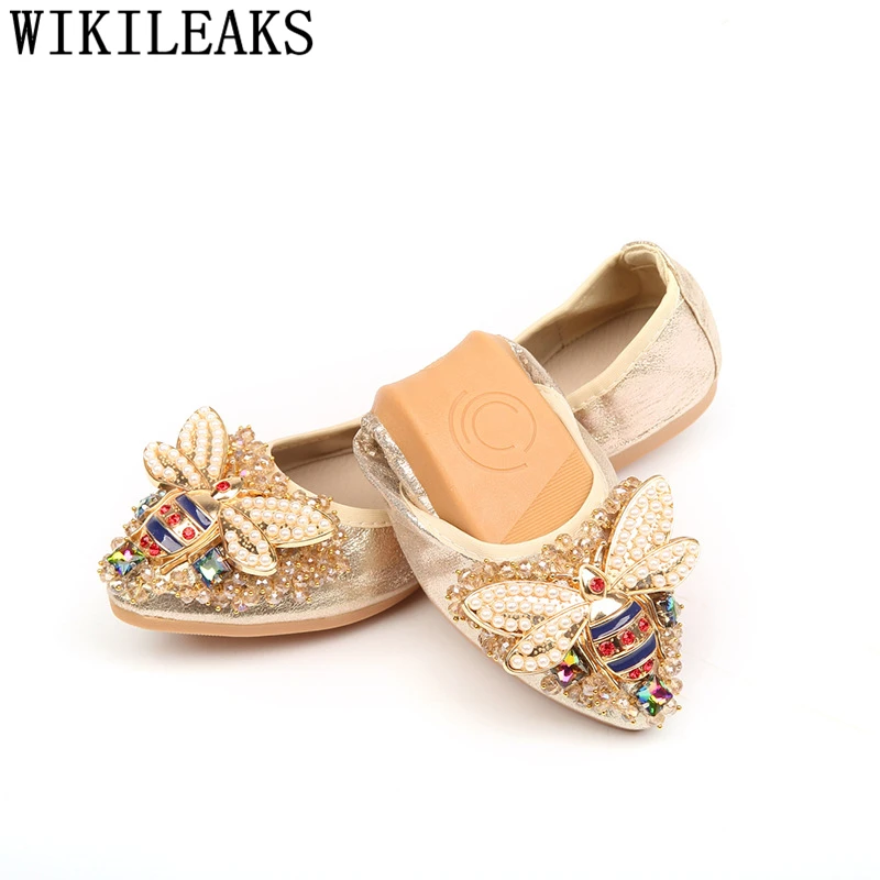 Bee Shoes Pointed Toe Flats Ballerine Shoes Women Ladies Loafers Harajuku Shoes Creepers Rhinestone Zapatos Mujer 2024 Ayakkabi