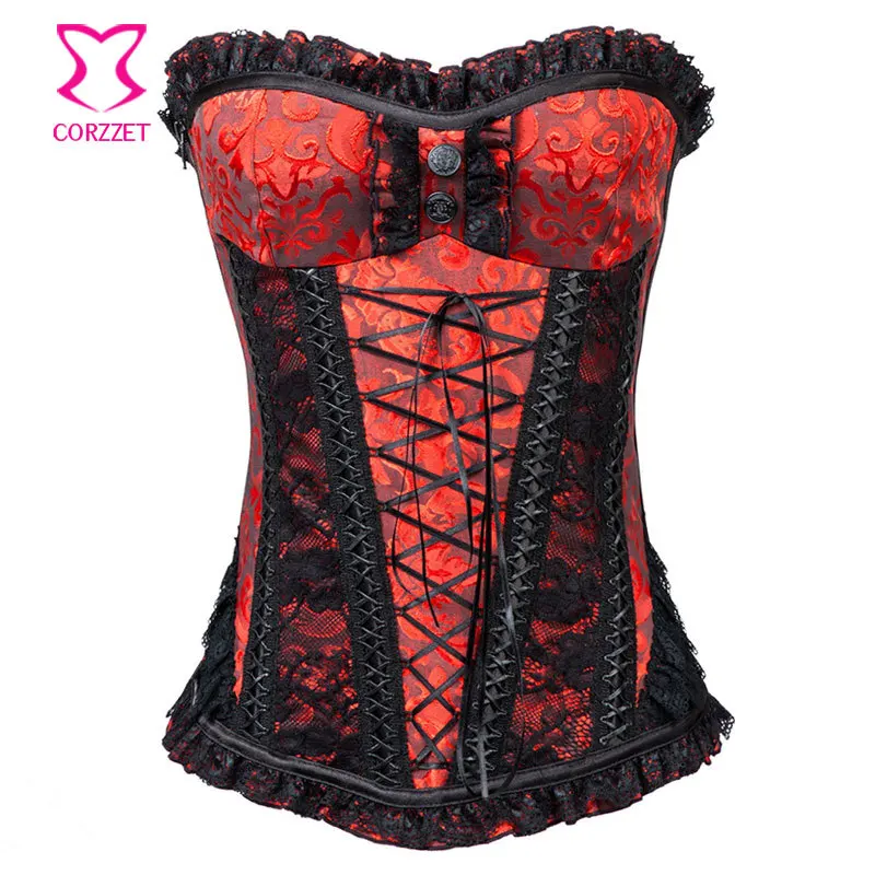 

Black Victorian Lace & Red Brocade Push Up Bustier Top Gothic Corset Steel Bone Corsets and Bustiers Waist Trainer with Zipper