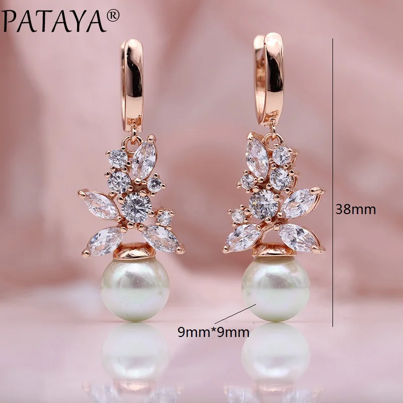 PATAYA New Shell Pearls Long Dangle Earrings Women Fashion White Round Natural Zircon 585 Rose Gold Color Wedding Party Jewelry