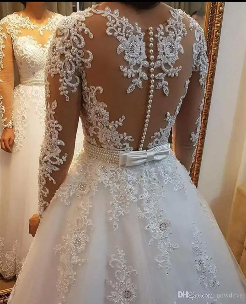 Sheer แขนยาว2019ชุดแต่งงานกระโปรงที่ถอดออกได้ Vestido De Noiva Illusion Lace Appliques ชุดเจ้าสาว