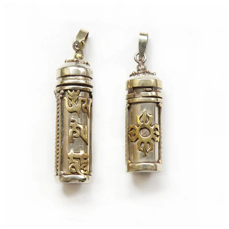 TGB088 Tibetan Mantras Amulet Prayer Box White Metal Copper Cylinder Pendant OM KALACHAKRA DORJE