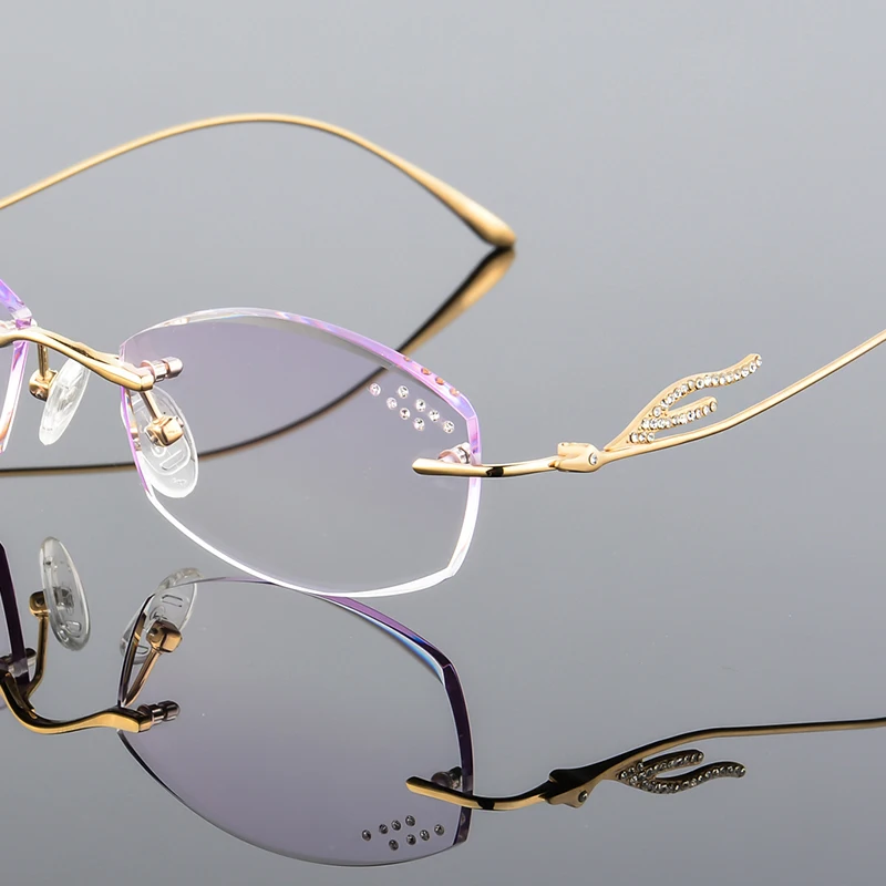 

XINZE Fashion Eyeglasses Diamond Trimming Cutting Rimless Eyeglasses Prescription Optical Glasses Frame for Women Eyewear T1081