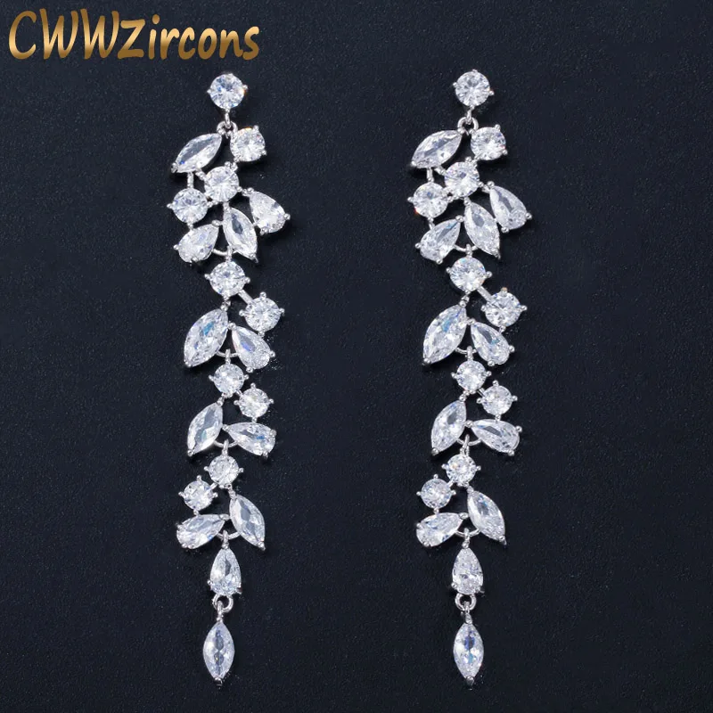 CWWZircons Newest CZ Zirconia Crystal Leaf Long Drop Dangle Earrings for Women Bridal Wedding Jewelry Accessories Gift CZ577