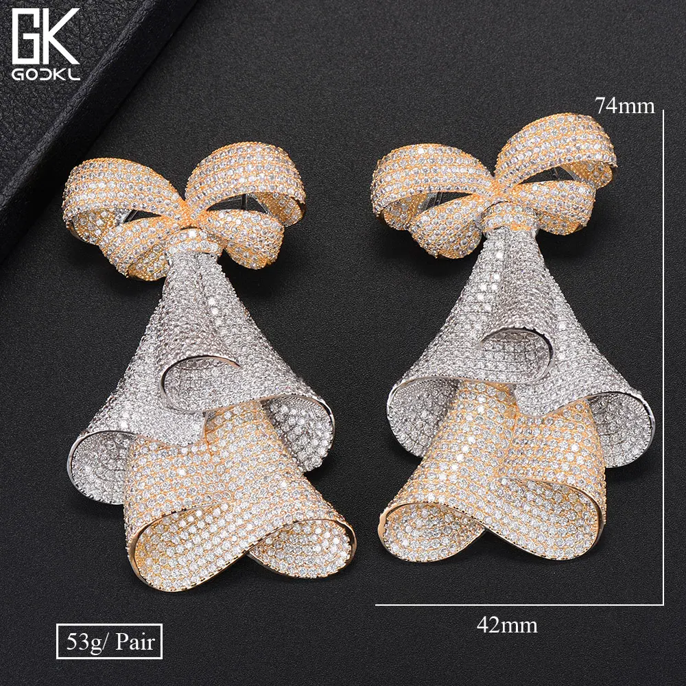 GODKI 74mm Trendy Luxury Bowknot Nigerian Statement Long Dangle Earrings For Women Wedding Zircon CZ Dubai Bridal Earrings 2018