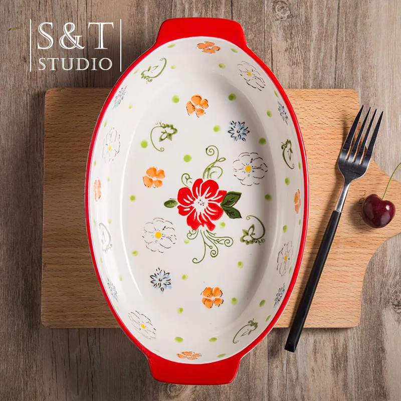 

Ceramic Bakery Cheese Baked Rice Oval Plate Western Floral Tray Creative Pasta Plate Binaural Plate Household Baking Dish Soup