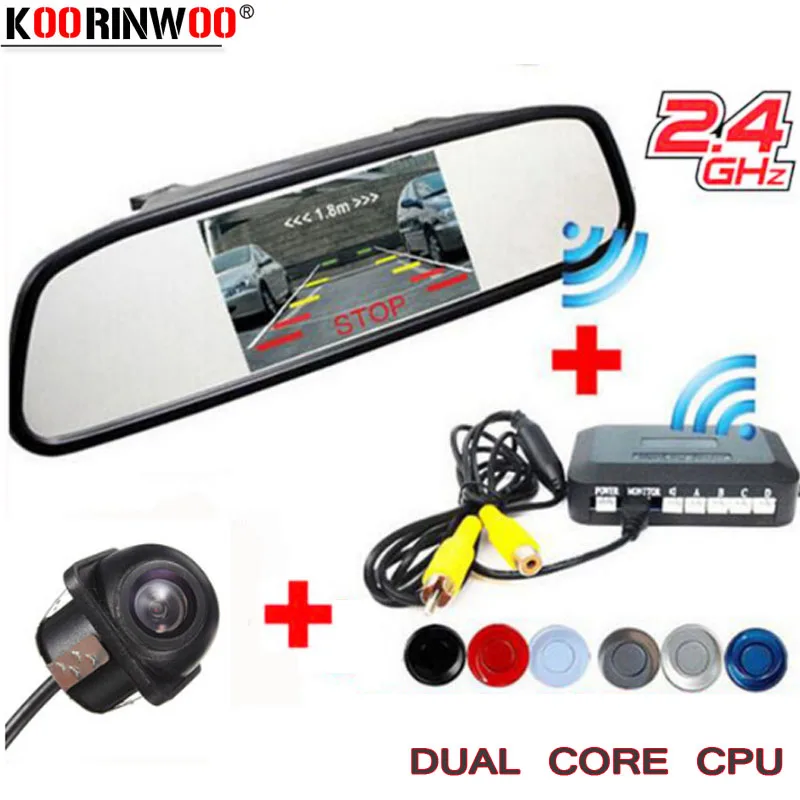 

Koorinwoo Wireless Car Rear View Camera Mirror Monitor With Parking Alarm Sensor Radar Reverse Assist Video System Sound Alarm