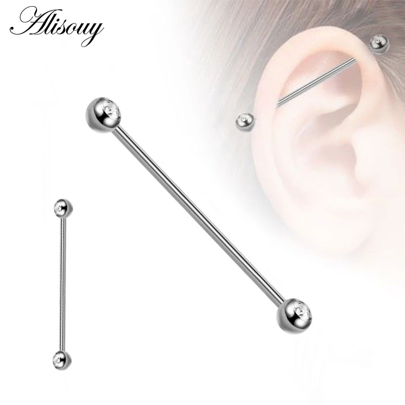 Alisouy 1pc Stainless Steel Eearring Piercing Industrial Barbells Bar Scaffold Ear Cartilage Helix 14G Silver Color Body Jewelry