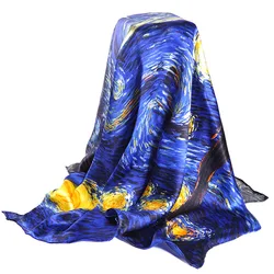 Écharpe en soie 100% véritable bleu foncé pour dames, foulards de styliste de marque, printemps-automne Van Gogh pour peinture à l'huile, écharpes carrées, 90x90cm