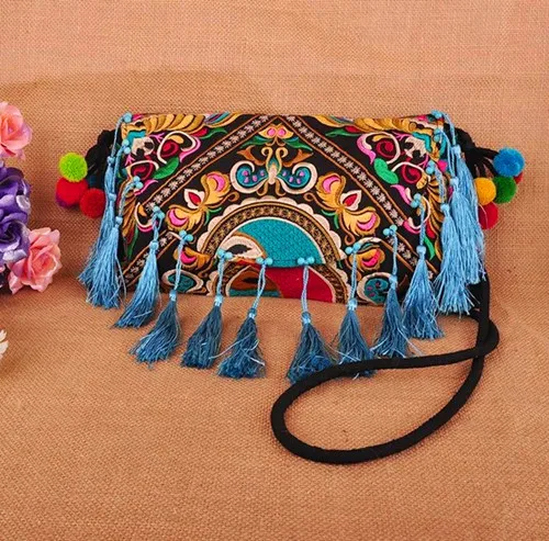 Ethnic embroidery bags Canvas Messenger Shoulder bags Handmade Tassel Woman bags