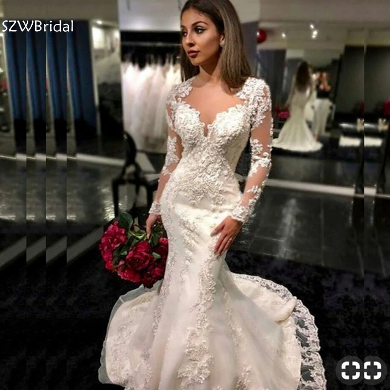 

New Arrival Long sleeve Wedding dress Lace Appliques Wedding gowns Gelinlik Vestido de noiva Mermaid wedding dresses