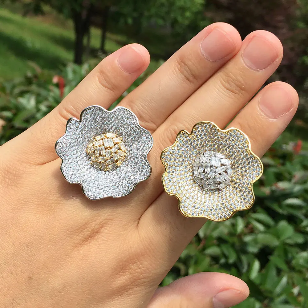 GODKI 2024 Trendy Bicolor Big Flower Fingers Ring for Women Cubic Zircon Finger Rings Beads Charm Ring Bohemian Beach Jewelry