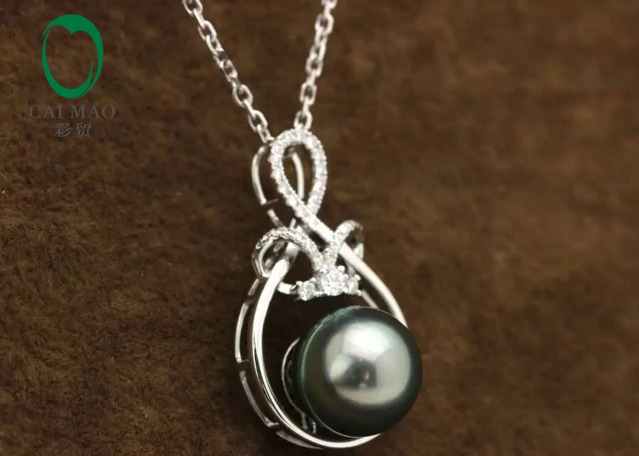 14k White Gold precious Black Pearl& 0.22ct Diamond Pendant manufacturer Free Shipping