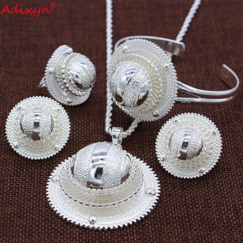 Adixyn Silver Ethiopian Necklace/Pendant/Earrings/Ring/Bangle Jewelry sets Silver Color Habesha African Wedding Gifts N06155