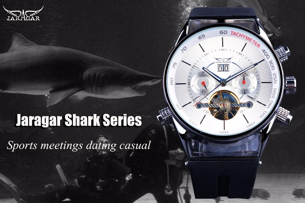 Jaragar Mens Watches Top Brand Luxury Automatic Fashion Sport Watch Shark Lines Design Rubber Band Tourbillion Display Calendar