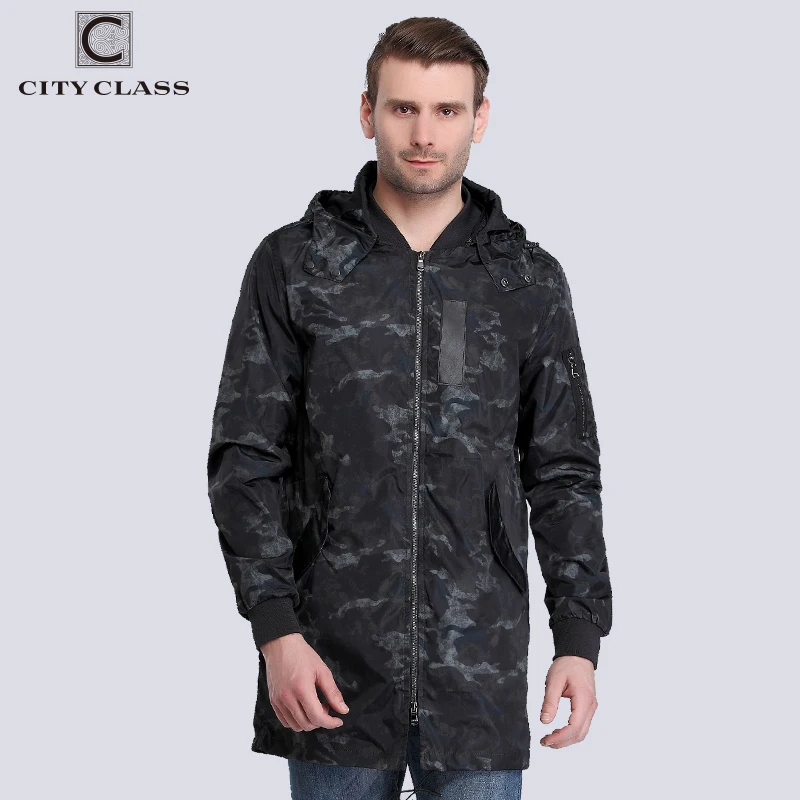 

CITY CLASS New Spring Summer Long Windbreaker Mens Jackets Coat Removable Hood Camouflage Fashion Waterproof Trench Outwear 3968