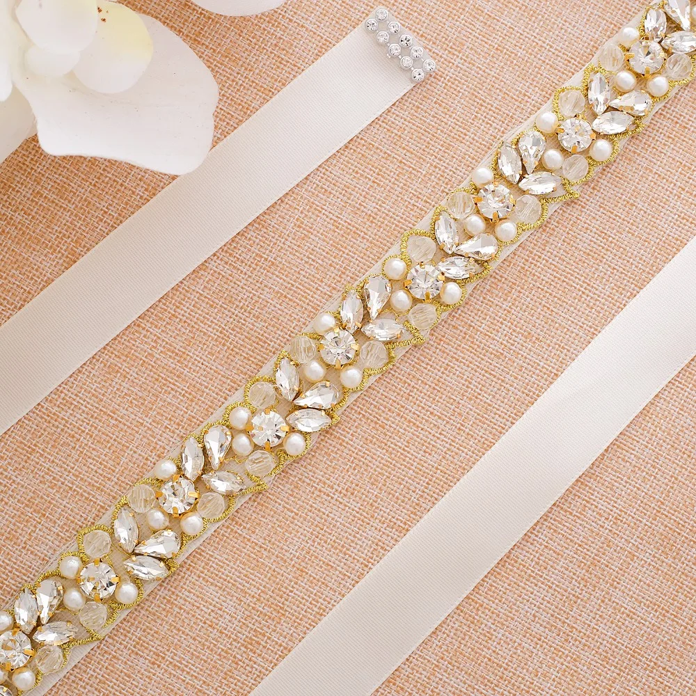 SESTHFAR Crystal Belt Rhinestone Wedding Belt Gold Belt Diamond Flower Belts Bridal Sash For Wedding Dresses