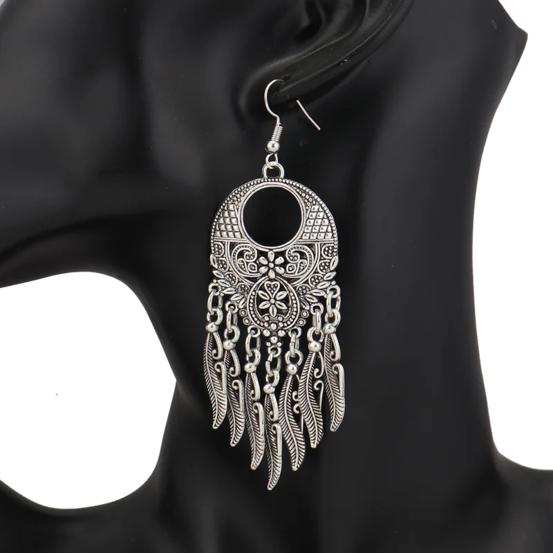 Aihua Vintage Tibet Silber Farbe große Aussage hohle geschnitzte Blumen geometrische Muster Blätter Quaste Tropfen Ohrringe für Frauen – Detail 18