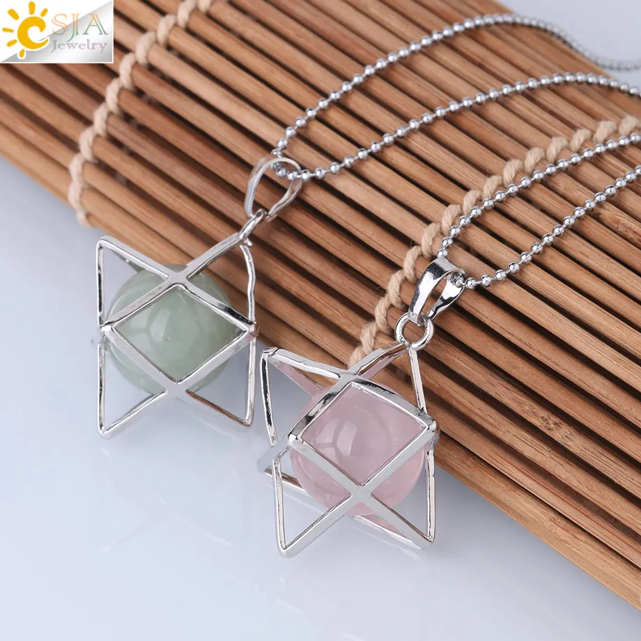 CSJA Natural Stone Hexagram Energy Pendants Necklace Religion Symbol Meditation Reiki Merkaba Pendant for Women Men Jewelry F876