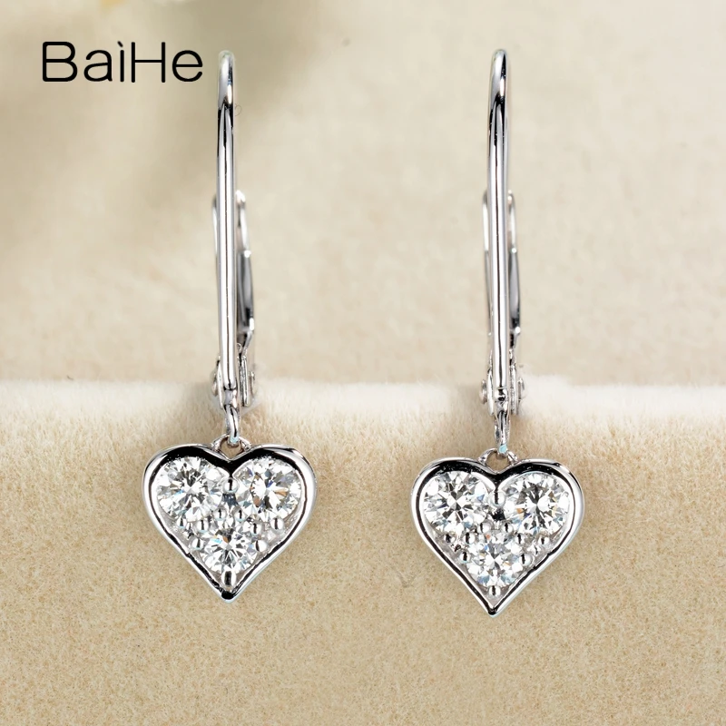 

BAIHE Solid 14K White Gold 0.35ct H/SI Natural Diamond Heart Stud Earrings Ear Clip Women Trendy Fine Jewelry pendientes mujer