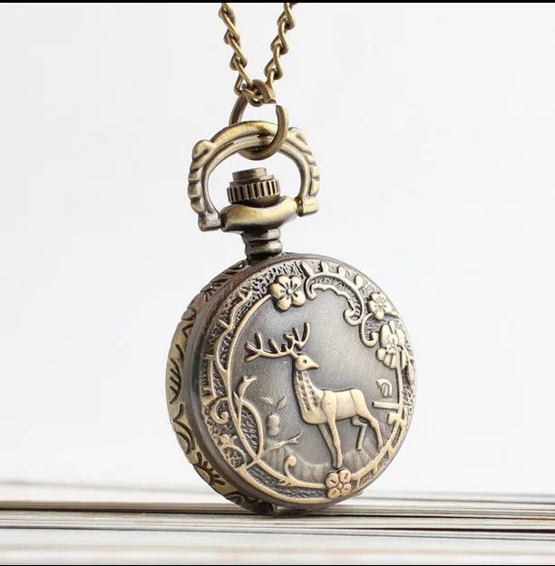 Retro bronze pocket watch necklace vintage trumpet deer jewelry wholesale fashion pocket watch gift