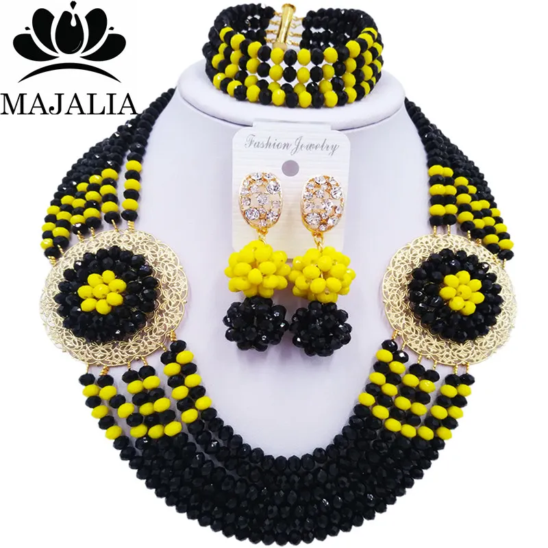 

Majalia Romantic Nigeria Wedding African Beads Jewelry Set Black and Opaque yellow Crystal Necklace Bridal Jewelry Sets 6OP003