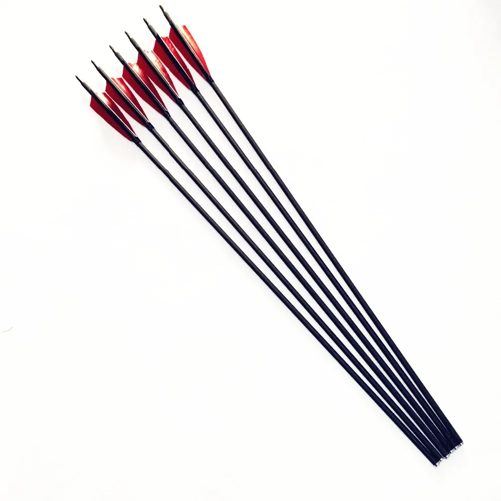 12pcs 30 pollici carbon arrow Spine 600.OD7.8mm/ID6.2mm. 2 rosso e 1 nero. Testa sostituibile/adatta per arco inverso tradizionale