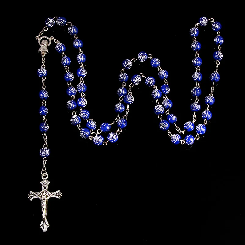 Classic 8MM Spiral Plastic Rosary Necklace, Santa Maria Prayer Necklace, Christian Cross Necklace Religious Jewelry.