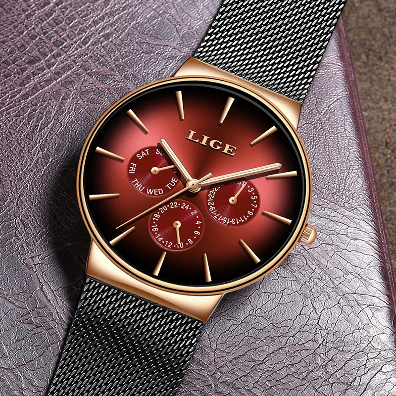 LIGE-Montre à quartz de luxe pour homme, nouvelle mode, marque supérieure, maille en acier, étanche, ultra-mince, montre-bracelet pour homme, horloge de sport