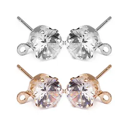 20-40pcs/lot Copper CZ Zircon Stud Earrings Diameter 6/8mm Post Stud With Loop Clasps Findings for DIY Earring Making Supplies
