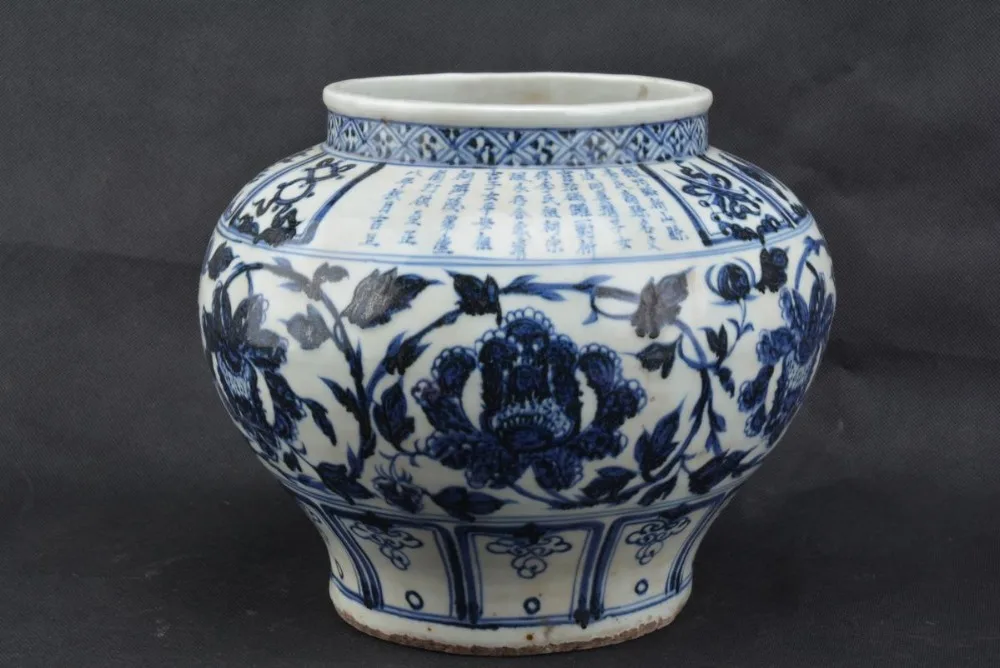 Rare Old China YUAN dyansty(1206-1368) porcelain peony jar,white and blue,Hand Painted Free shipping