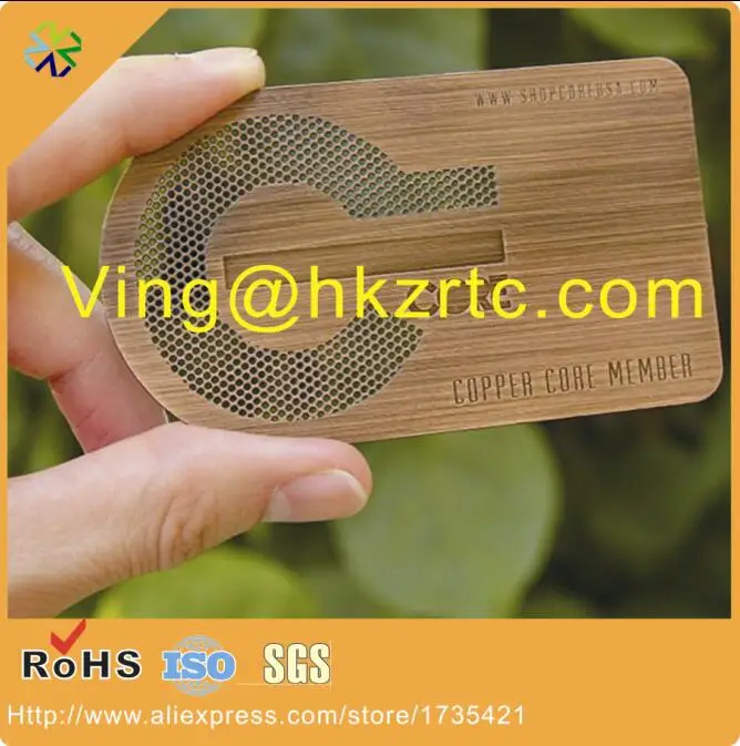 hole punched brushed red bronze metal business cards