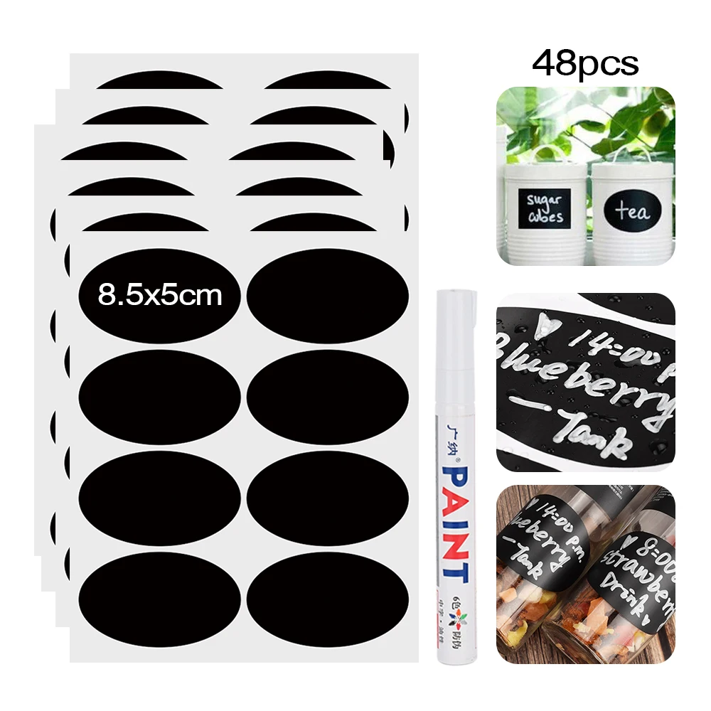 48pcs Waterproof Storage Jar Sticker Kitchen Organizer Bottles Spices Stickers Label Sticker Kitchen Chalkboard Tag Black Labels