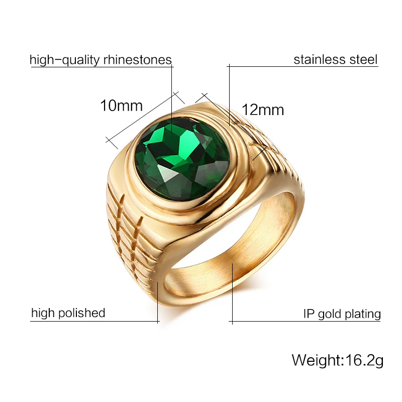 Men Engagement Ring Gold-color Stainless Steel Men Blue/Black/Green/Red Stone Wedding Rings R257G